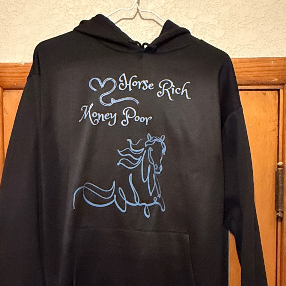 Black Hoodie with Blue Horse Graphic - "Horse Rich Money Poor"